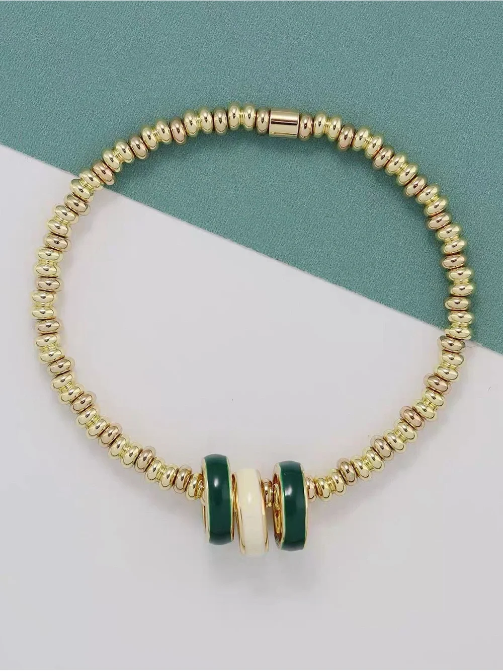 Roxanne Assoulin Gold Beaded Bracelet with Green and Cream